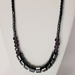 Black Hematite Cylinder Gemstone Necklace with Purple  Beads, NWOT